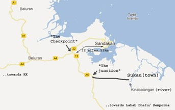 Map on how to get to Sukau at Kinabatangan River