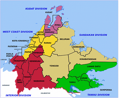 The 5 divisions of the state of Sabah