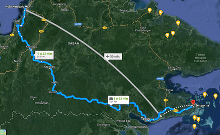 Route from Kota Kinabalu to Semporna by road and air