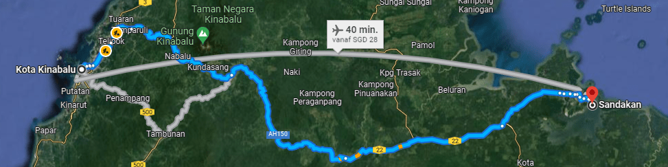 Route to Sandakan by flight and road
